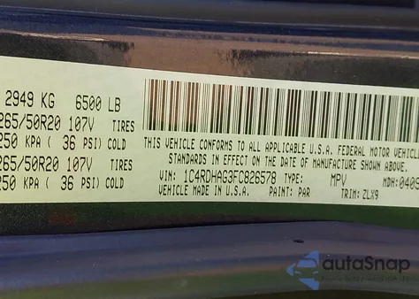 2015 Dodge Durango Sxt из США, поврежденный, VIN 1C4RDHAG3FC826578